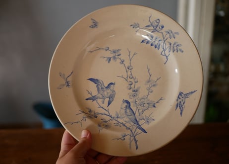 鳥と花　アンティークプレート　平皿　フランスアンティーク