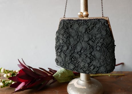 フランスアンティーク　レースバッグ　Black