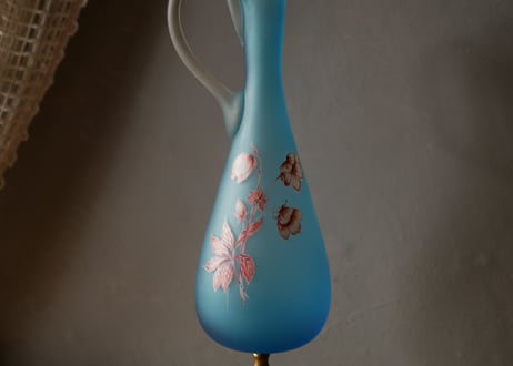 ブルー フロストガラスのピシェ　花器　花瓶　フランスアンティーク　ヴィンテージ