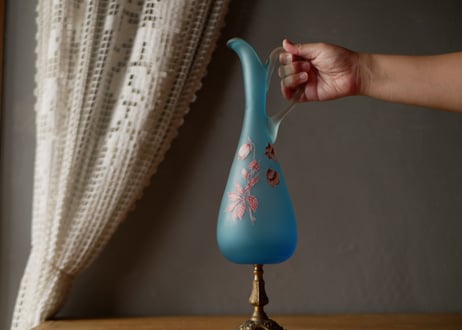 ブルー フロストガラスのピシェ　花器　花瓶　フランスアンティーク　ヴィンテージ