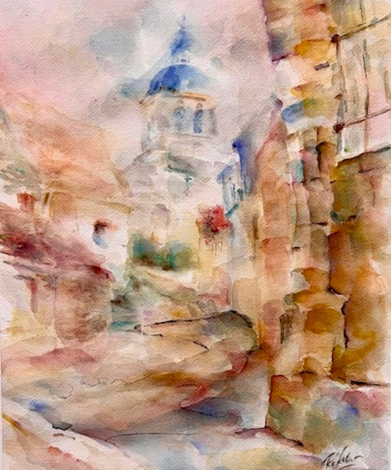 青い屋根の教会 透明水彩画 六部純 | nuancebeans