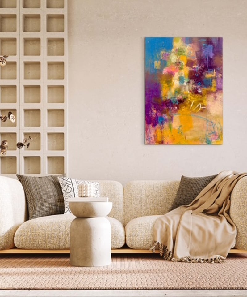 抽象画 雨あがりの街 P20号 （額なし）油彩、オイルパステル