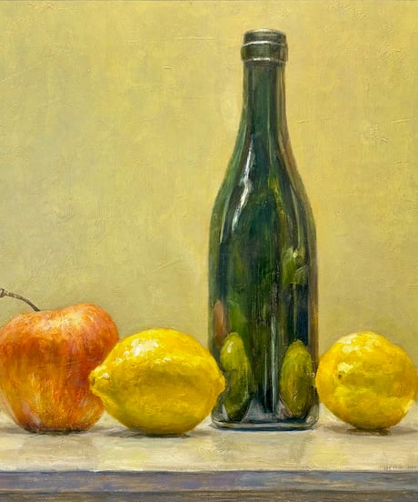 森田和昌　油絵静物　「檸檬と林檎と瓶」