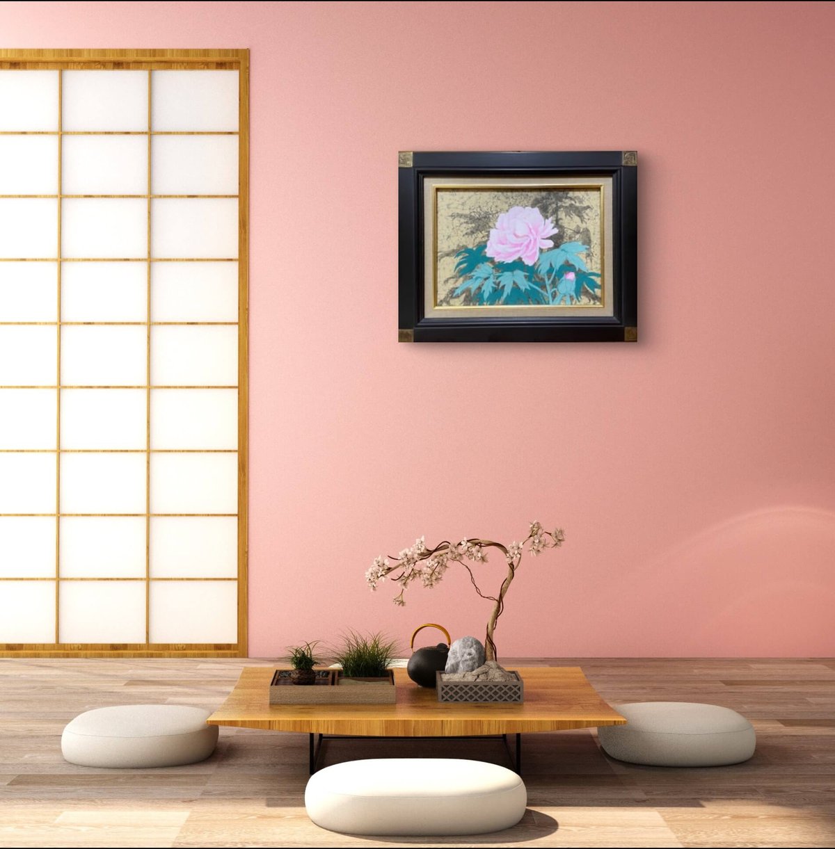 絵画　インテリア　絵　額付 (黒)　油絵　F4-222023　花（ぼたん） 絵画 インテリア 絵 額付 (黒) 油絵 F4-222023 花（ぼたん）