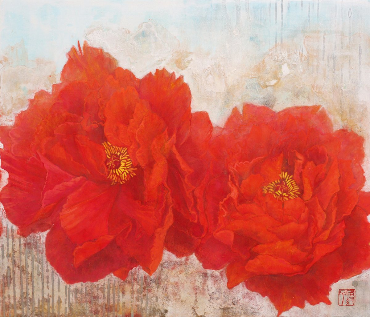 【真作】絵画　日本画（色紙）　金地蘭花図　優雅な紫のカトレア　X38 真作】絵画 日本画（色紙） 金地蘭花図 優雅な紫のカトレア X38