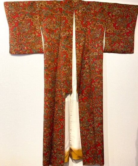 アンティーク着物　縮緬花模様小紋　Antique kimono Komon