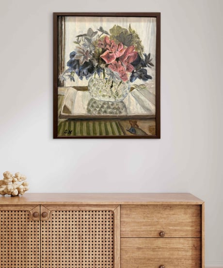 油絵　西村沙世子　「窓辺の花」　F8