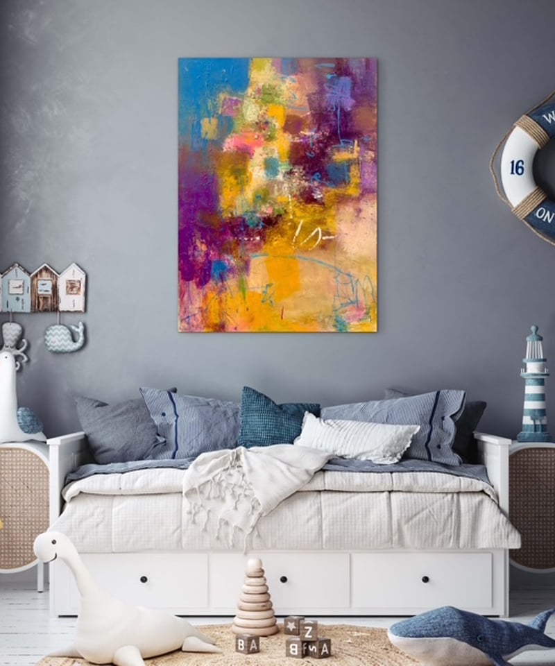 抽象画 雨あがりの街 P20号 （額なし）油彩、オイルパステル