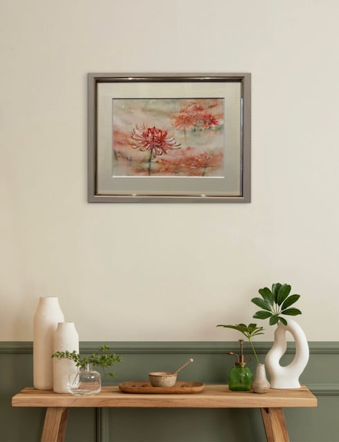 秘密の花園　透明水彩画　ホワイト額入り 白い水仙と梅の花 」透明水彩画 原画 風景画 額縁付 F4サイズ 絵画 Oni
