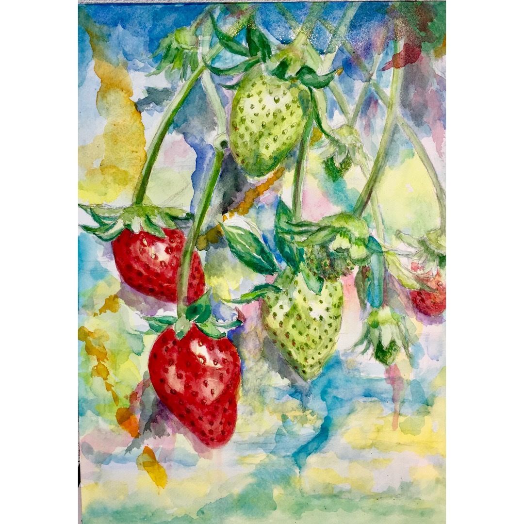 【いちご様 完成品】 シーグラスアート【癒しの和▪️お花と一緒に】水彩画 原画 水彩画 『苺』＂strawberry