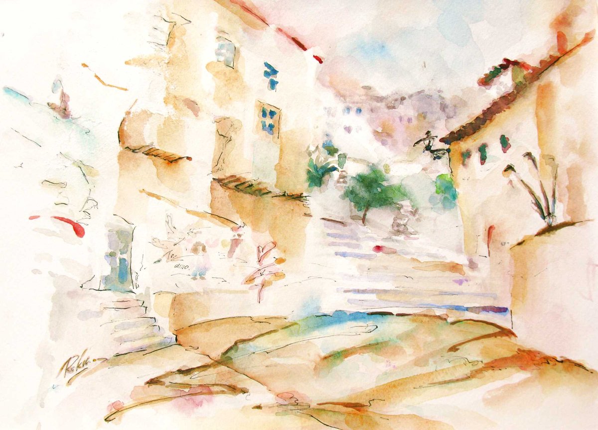 リスボンの広場 透明水彩画 六部純 | nuancebeans