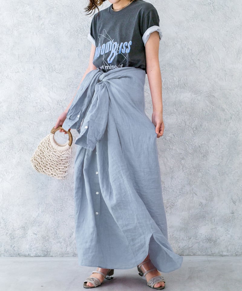 サックスブルー】フレンチリネン100%使用ロングシャツワンピース