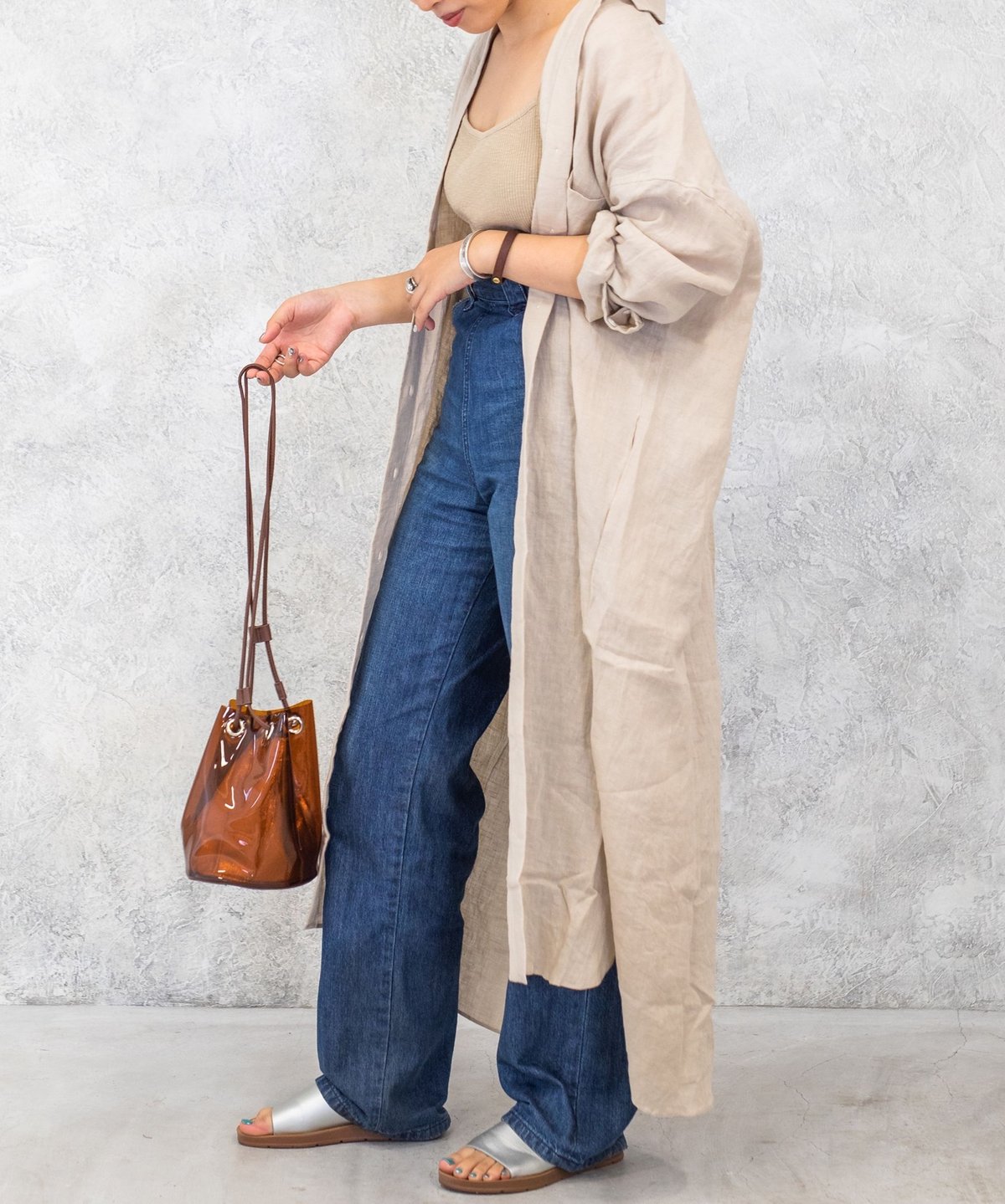 ベージュ】フレンチリネン100%使用ロングシャツワンピース