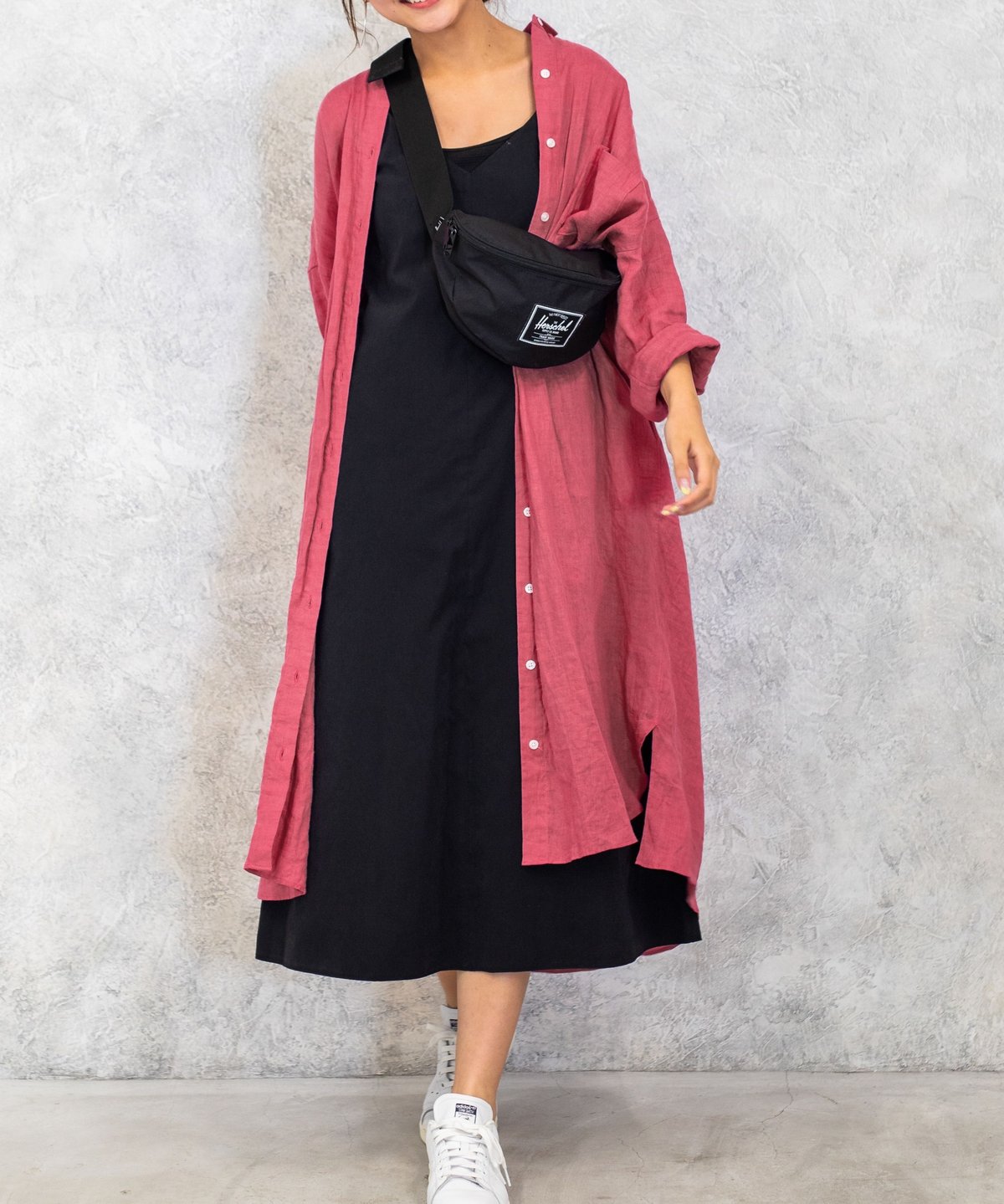 ローズピンク】フレンチリネン100%使用ロングシャツワンピース