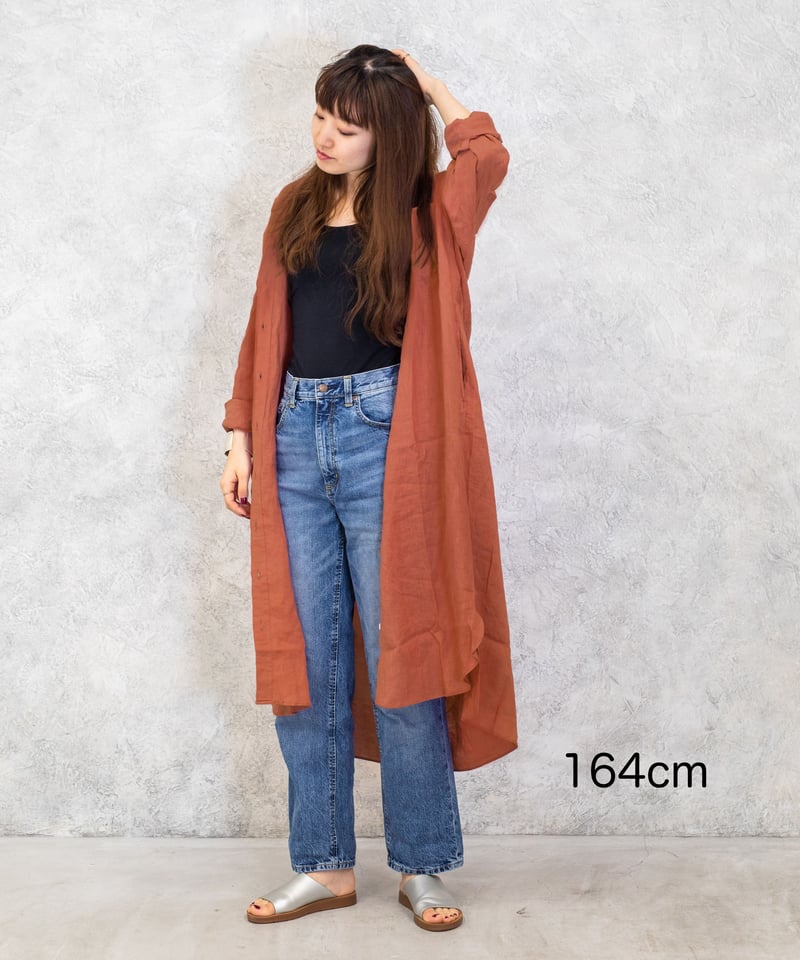 希少【美品】ディオール オープンカラーシャツワンピース シルク100 テラコッタ テラコッタ】フレンチリネン100%使用ロングシャツワンピース