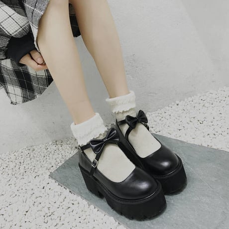和菓子ロリータ姫の靴かわいい弓丸頭黒防水プラットフォームカレッジ女性の靴