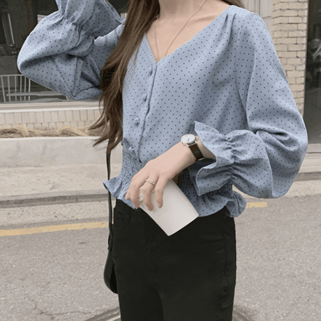 Vネック    ペプラムドットブラウス  フリル   長袖   おしゃれ    上品     春夏秋 デートコーデ   大きサイズ  通勤  女子会   お呼ばれ    青
