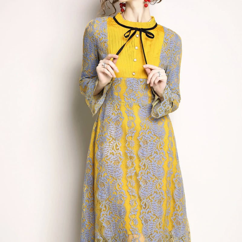 バイカラー レースワンピース 秋冬 リボン 結婚式 パーティー ドレス  