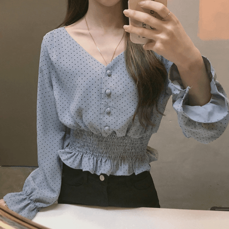 Vネック    ペプラムドットブラウス  フリル   長袖   おしゃれ    上品     春夏秋 デートコーデ   大きサイズ  通勤  女子会   お呼ばれ    青