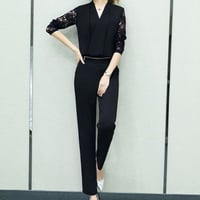 Vネック セットアップ ジャンプスーツ  オールインワン 結婚式  大きいサイズ  黒 ブラック パンツドレス ボトムスパンツ ブラウス オフィスコーデ 通勤 仕事着