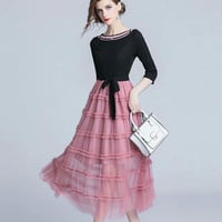 ドッキングワンピース  切り替えワンピース チュールスカート 結婚式 パーティドレス デートコーデ ピンク 黒 ブラック リボン ドレス 大きいサイズ   七分袖
