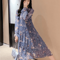 シフォンワンピース   レトロ   プリーツ  フリル袖  フリルネック    膝丈    大きいサイズ  長袖  結婚式   二次会   お呼ばれ  演奏会  ブルー  ブラック