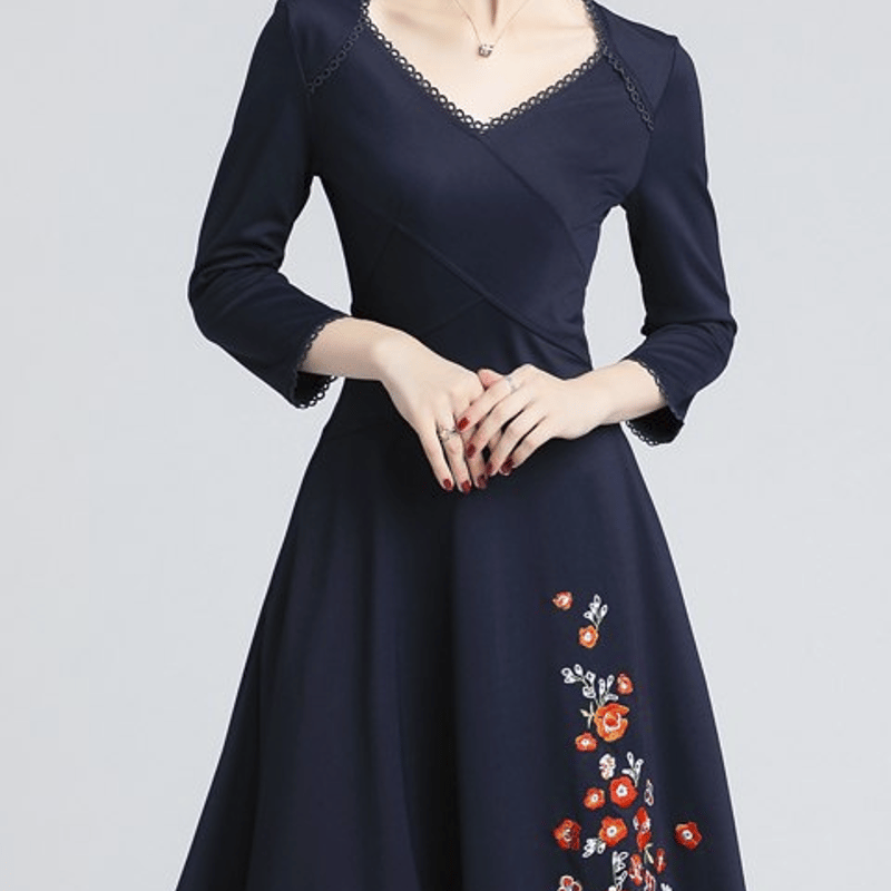 ネイビー花柄フォーマルドレス Lace Ladies 花柄レース袖 パーティドレス ワンピース