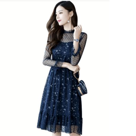 フリル  小花柄   ドット  チュール  シースルーワンピース  フリルネック  フレアスリーブ シフォン　結婚式    ドレス  フォーマル   パーティドレス フリル袖    長袖   膝丈