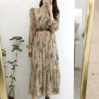 レトロ   ロングワンピース  秋 ベルト付き  ヴィンテージ花柄   Aライン  長袖   大人  上品  エレガント  ミモレ丈   結婚式 女子会 お呼ばれ  パーティードレス