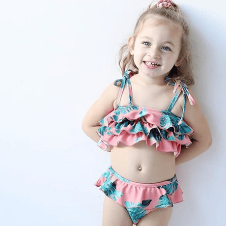 親子ペア水着  キッズ用  子供 ビキニ お揃い 花柄 フラワー フリル  ビーチ  リゾート 80 90 100 110 120
