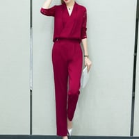 Vネック セットアップ ジャンプスーツ  オールインワン 結婚式  大きいサイズ  赤 レッド パンツドレス ボトムスパンツ ブラウス オフィスコーデ 通勤 仕事着