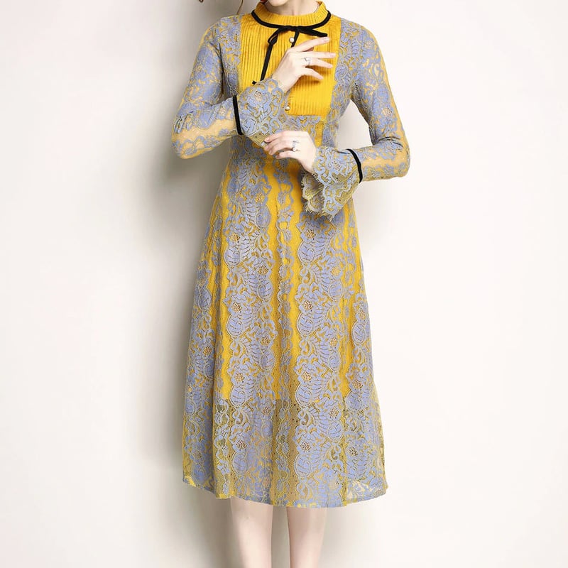 バイカラー レースワンピース 秋冬 リボン 結婚式 パーティー ドレス  