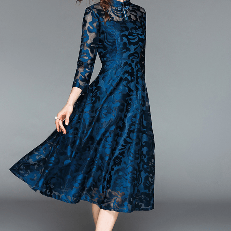 花柄レース付き長袖ワンピース 花柄レースワンピース 襟付き 長袖 秋 結婚式 二次会 演奏会