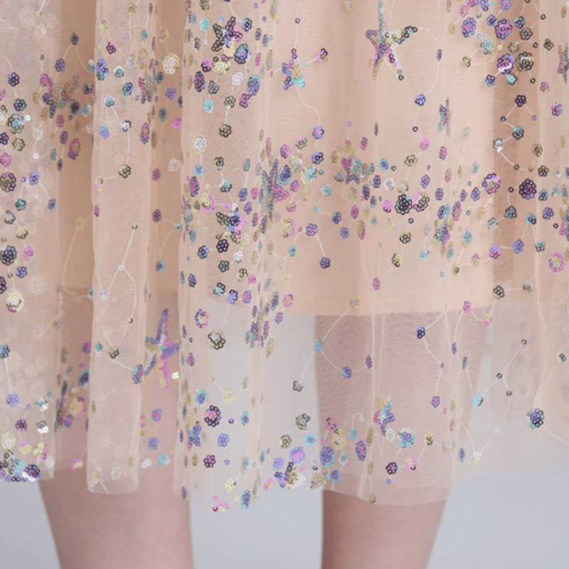 スパンコールワンピース 長袖 シースルー ハイネック Aライン 大人 上品