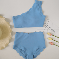 ワンショルダー   ハイウエストパンツ   シンプル   水着  体型カバー    タンキニ    ビキニ   海  夏   青  ブルー  白  ホワイト  ピンク