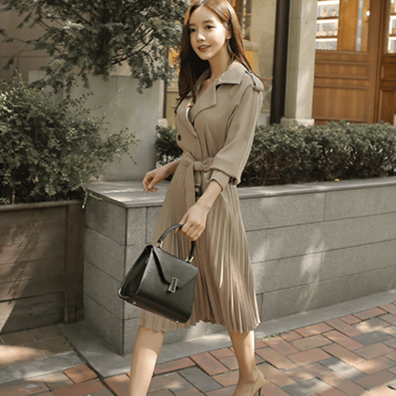 トレンチ風ワンビース スプリングコート風ワンピース ミモレ丈