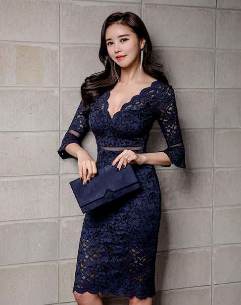 総レースワンピース タイトワンピース ボディコン フレア袖 タイト  