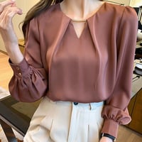 シンプル エレガント  大きいサイズ 通勤 オフィス 仕事着  ブラウス  長袖   Vネック