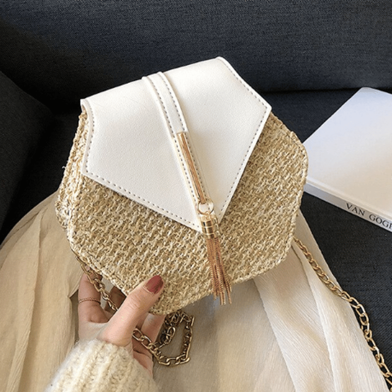 パーティー籠バック 六角形 PU 藁 わら かごバッグ チェーンバッグ ショルダーバッグ