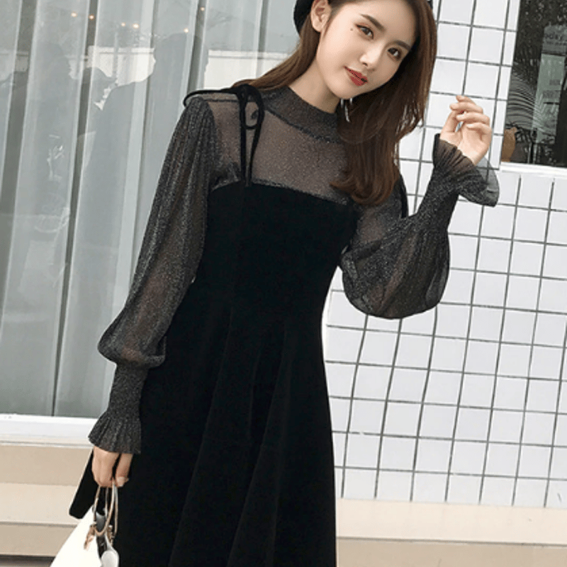 FENNELシースルーパフスリーブミニドレス Studios FX25L102【Fano ミニワンピース パフスリーブ プチハイネック ブラック ワンピース