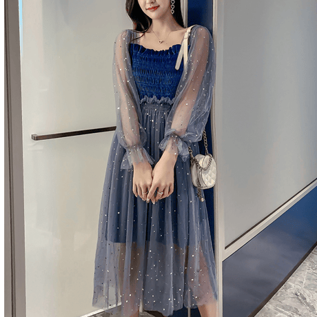 星柄ワンピース   透け感   シースルー  フリル袖  パーティー ドレス    ミモレ丈    大きいサイズ  七分袖  結婚式   二次会   お呼ばれ  演奏会  ブルー