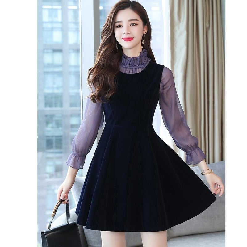 フリルインナー ベロア ミニワンピース 膝上丈 結婚式 パーティー  