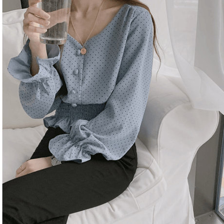 Vネック    ペプラムドットブラウス  フリル   長袖   おしゃれ    上品     春夏秋 デートコーデ   大きサイズ  通勤  女子会   お呼ばれ    青