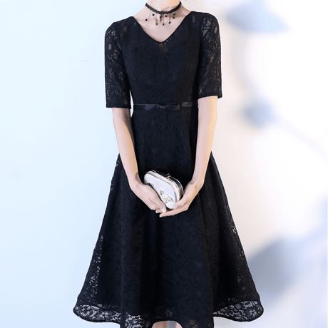 リボン付き Ｖネック レース ワンピース 結婚式 演奏会  二次会 ウエディング パーティー ドレス ロング  大きいサイズ  ブラック 黒 半袖 夏