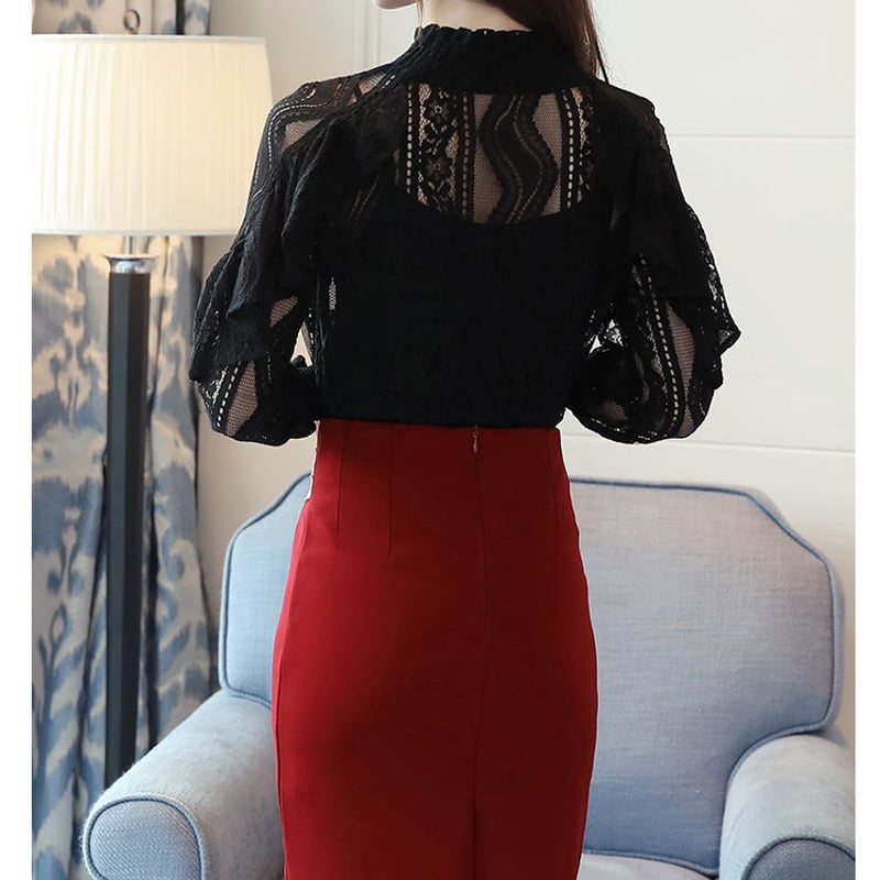 レースブラウス フリル袖 ハイネック 長袖 黒 ブラック コーデ