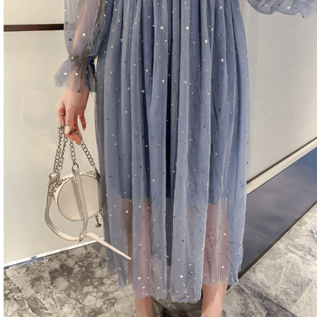 星柄ワンピース   透け感   シースルー  フリル袖  パーティー ドレス    ミモレ丈    大きいサイズ  七分袖  結婚式   二次会   お呼ばれ  演奏会  ブルー