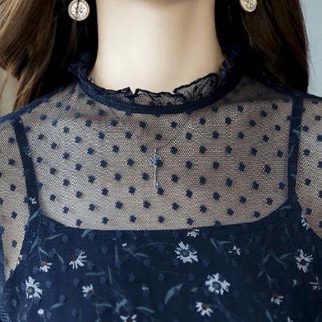 フリル  小花柄   ドット  チュール  シースルーワンピース  フリルネック  フレアスリーブ シフォン　結婚式    ドレス  フォーマル   パーティドレス フリル袖    長袖   膝丈