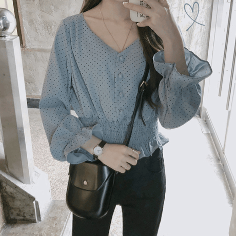 Vネック    ペプラムドットブラウス  フリル   長袖   おしゃれ    上品     春夏秋 デートコーデ   大きサイズ  通勤  女子会   お呼ばれ    青
