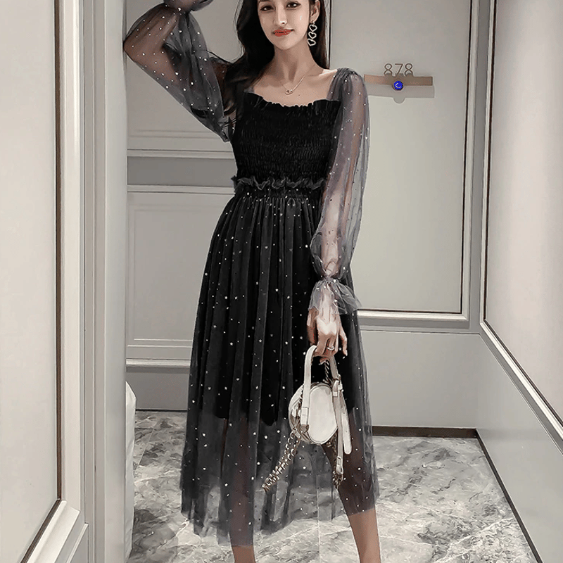 星柄ワンピース 透け感 シースルー フリル袖 パーティー ドレス ミモレ