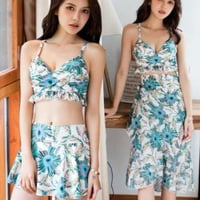 花柄タンキニビキニ フリルスカート スリーピース 水着  夏 プール 海 リゾート パレオ付き 体型カバー 緑色 ピンク色